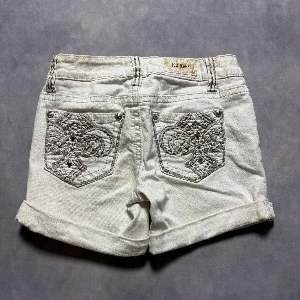 ZCO Jeans White Denim Shorts Distressed Embroidered Pockets Y2K Size 26W